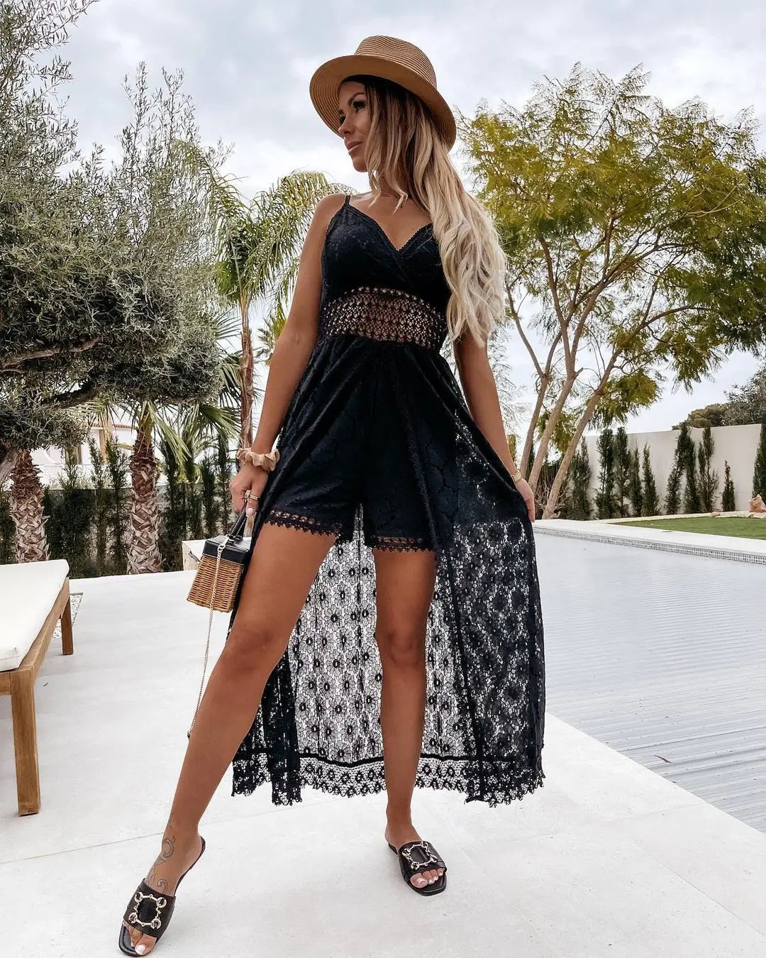 Women’s Lace Trim Romper – Sleeveless V-Neck Summer Jumpsuit