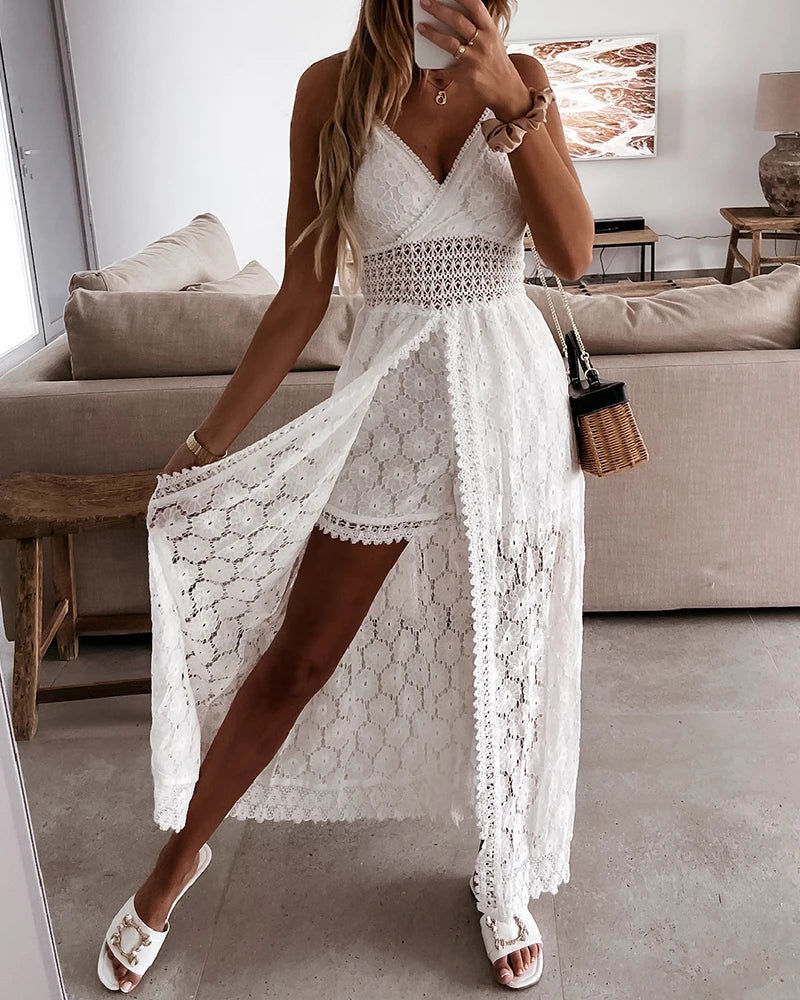 Women’s Lace Trim Romper – Sleeveless V-Neck Summer Jumpsuit