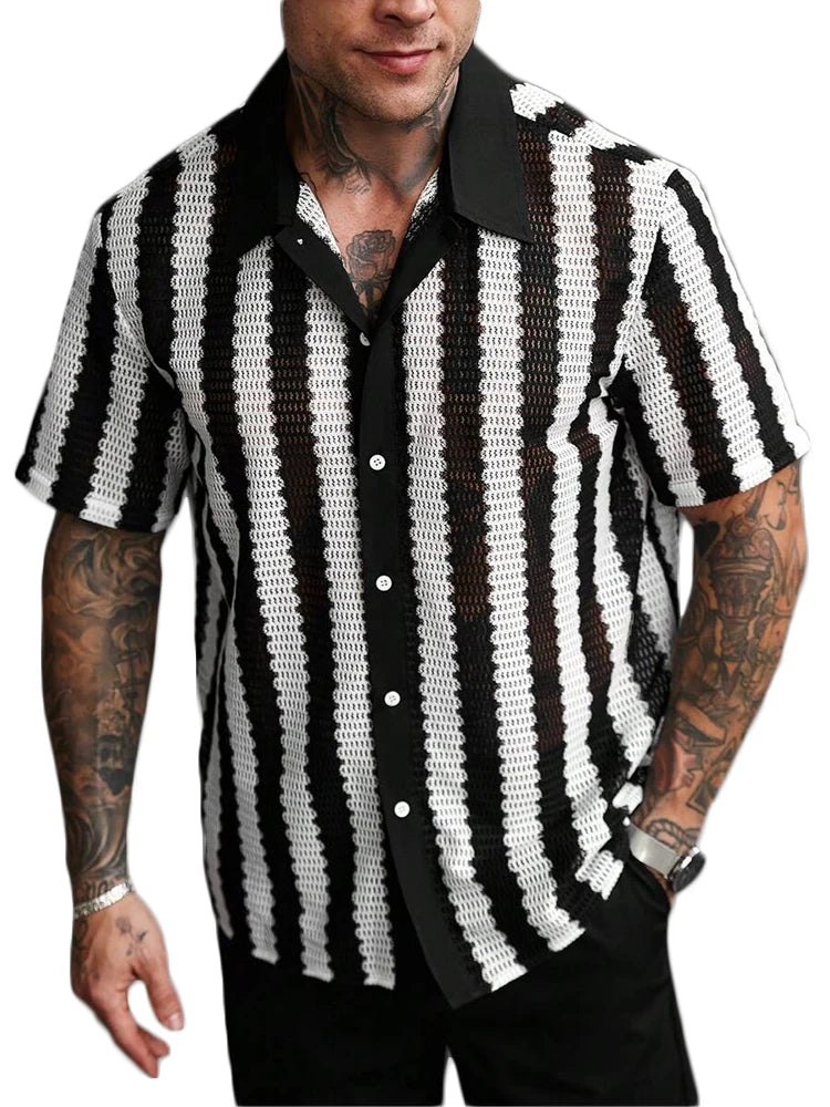 Men Striped Knit Shirt Short Sleeve
