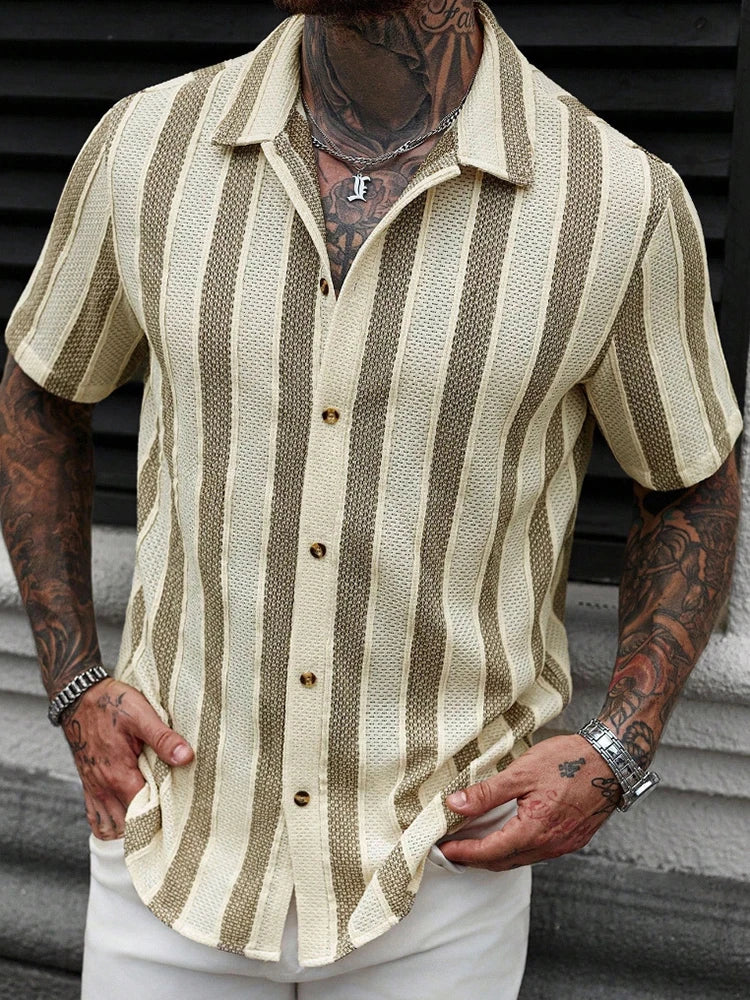 Men Short Sleeve Knit Shirt Button Up