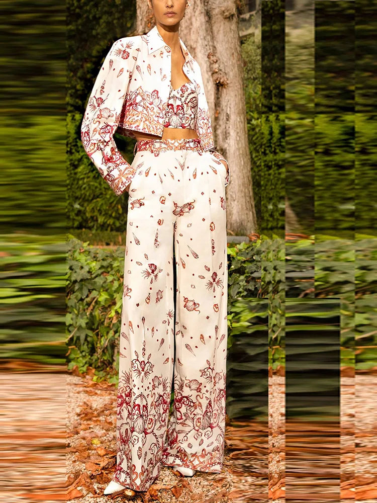 Women’s Sea World Print 3PCS Set – Camisole, Cropped Jacket & Pants Suit