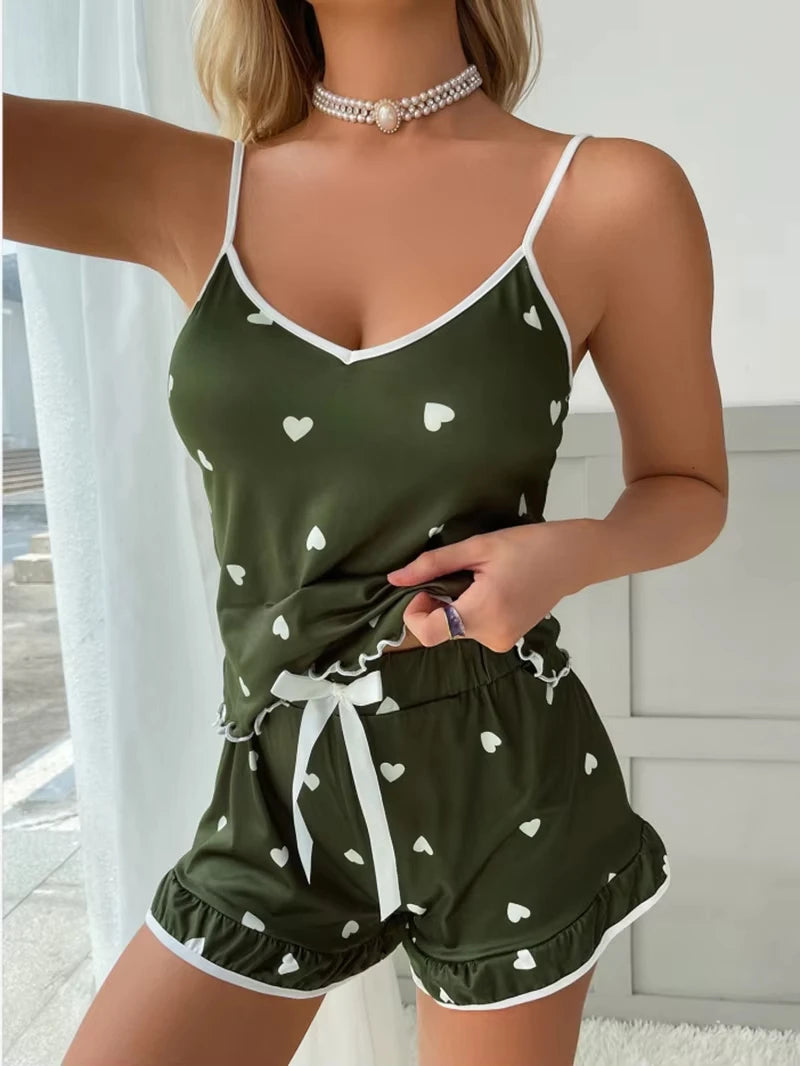 Women’s Printed Pajama Set – Sleeveless Top & Ruffle Shorts