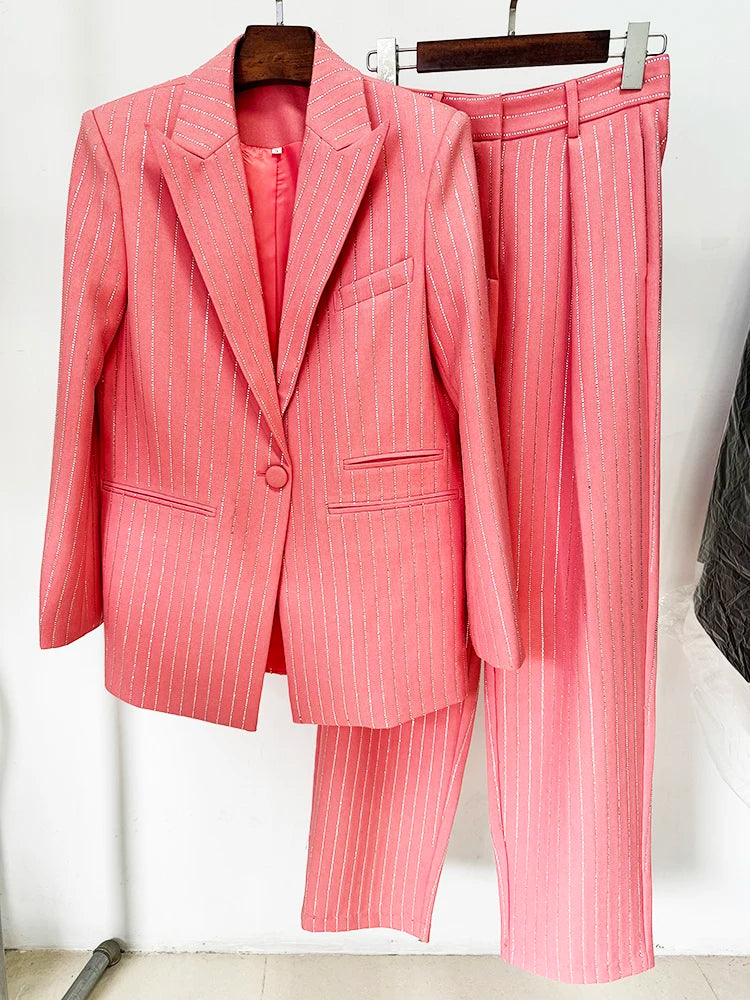 Women’s Striped Diamond Blazer & Pants Set – High Street