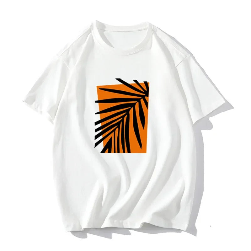Women’s Vintage Orange Leaf Print T-Shirt – Casual Y2K Summer Cotton Tee