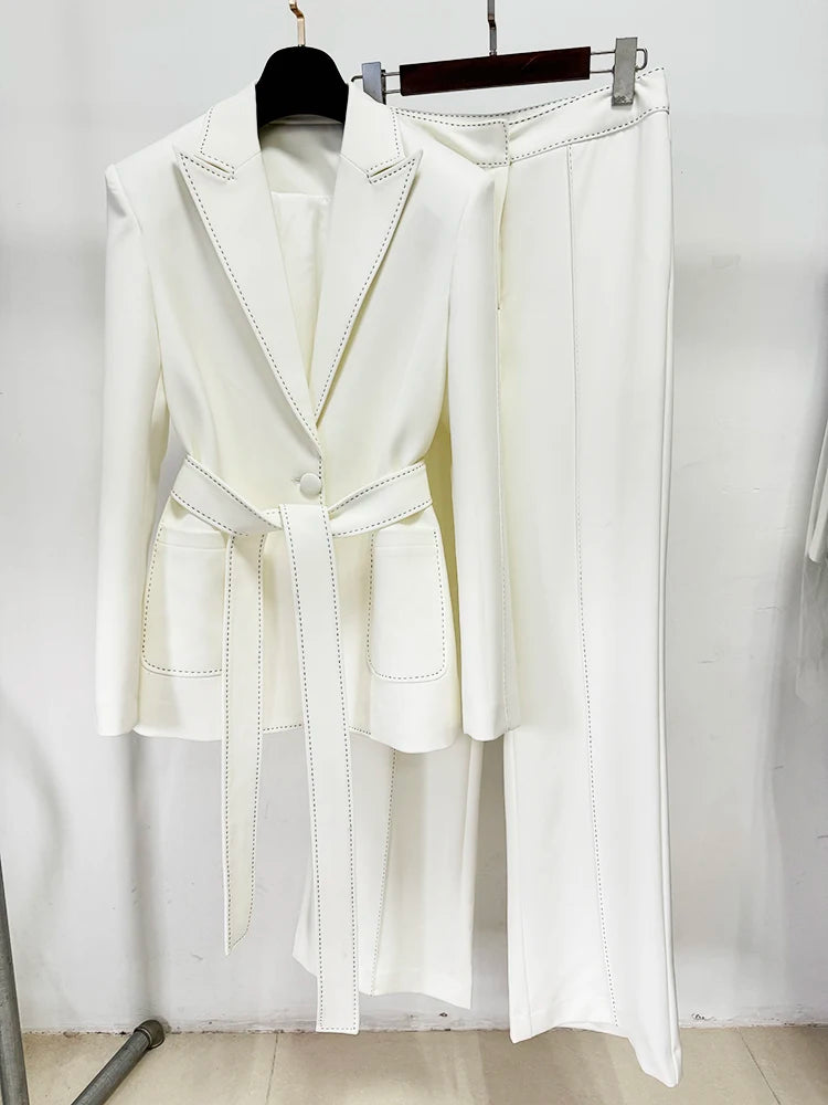 Women’s Contrast Stitch Belted Blazer & Pants Set – Elegant 2PCS Suit Outfit