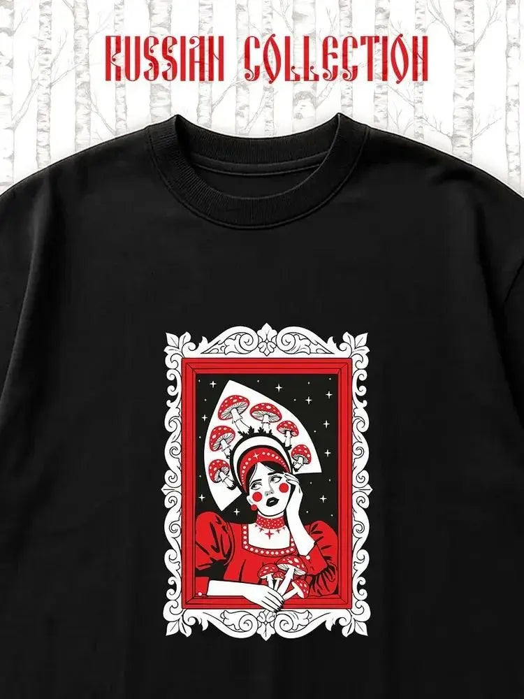 Women’s Russian Style Cotton T-Shirt – Y2K Harajuku Casual Street Top