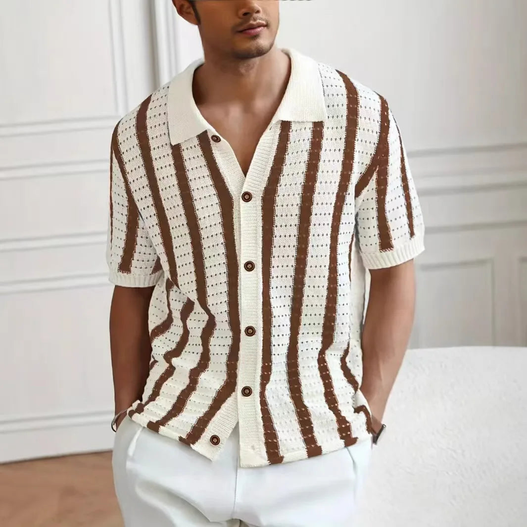 Men Summer Knitted Shirt Short Sleeve Striped