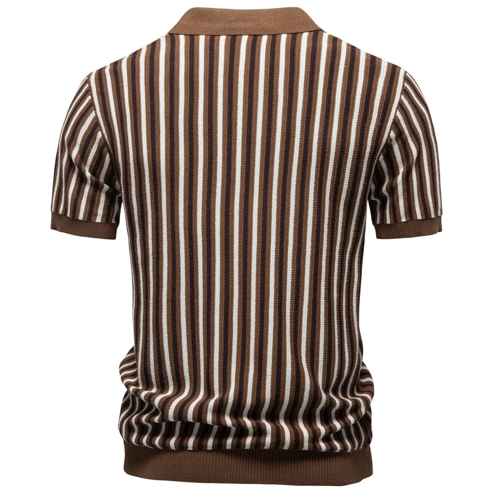 Men Summer Polo Shirt Short Sleeve Stripe Breathable Casual