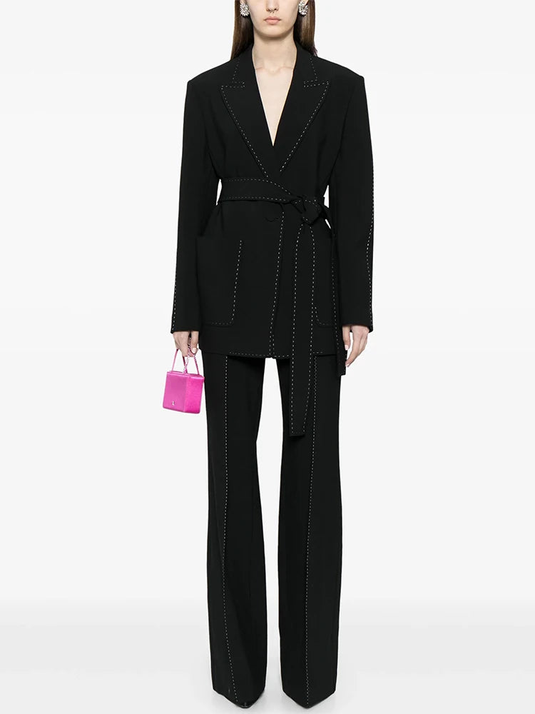 Women’s Contrast Stitch Belted Blazer & Pants Set – Elegant 2PCS Suit Outfit