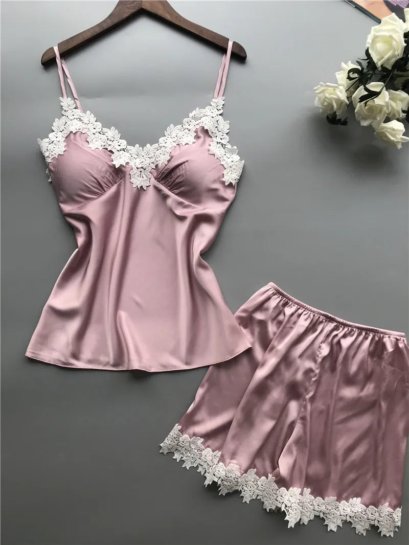 Women Lace Trim Cami Shorts Set Loungewear