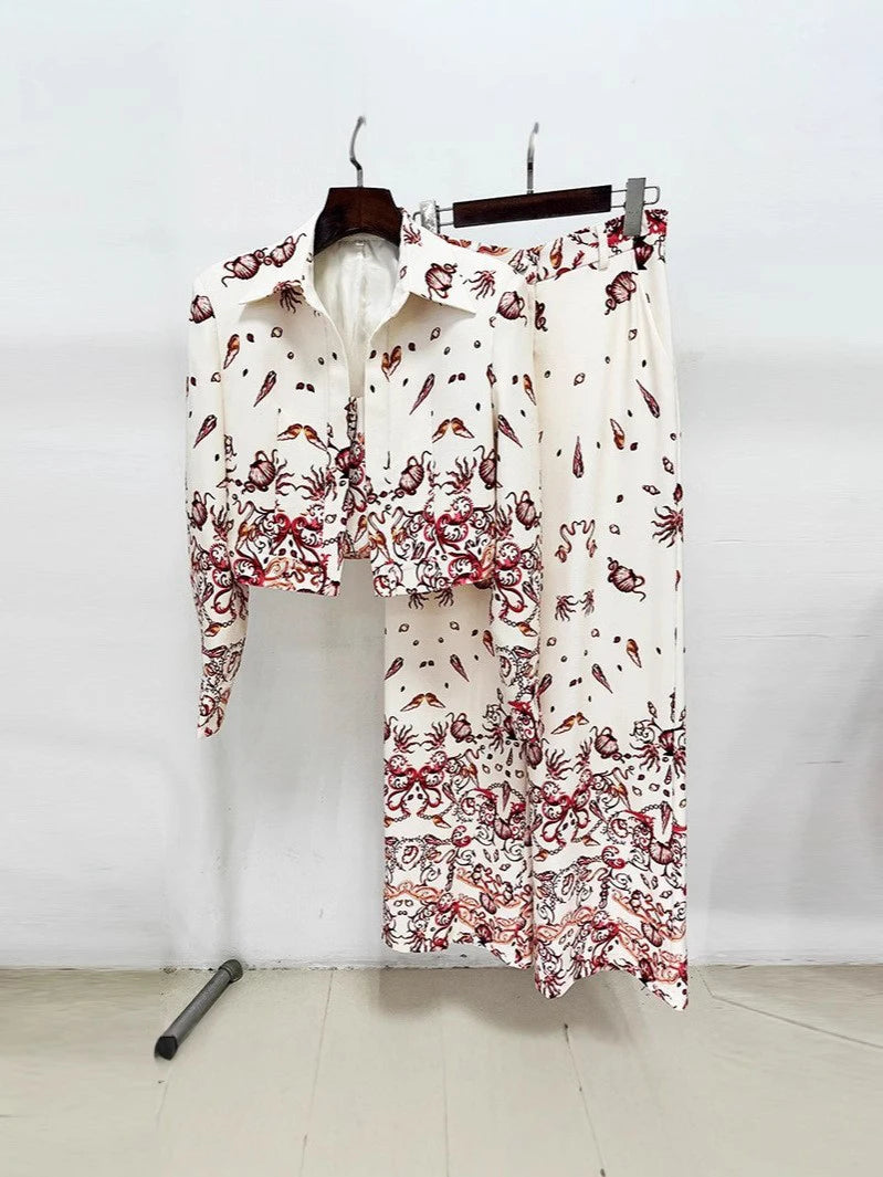 Women’s Sea World Print 3PCS Set – Camisole, Cropped Jacket & Pants Suit