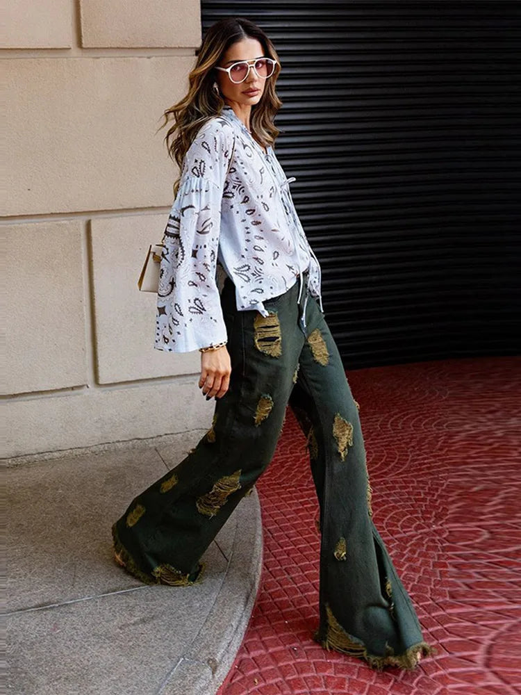 Women’s Paisley Print Blouse & Wide Leg Pants Set – Boho Style