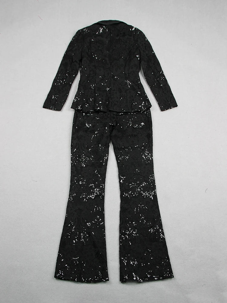 Women’s Guipure Lace Blazer & Flare Pants Set – High Street Designer
