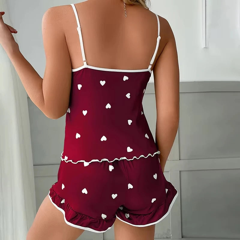 Women’s Printed Pajama Set – Sleeveless Top & Ruffle Shorts
