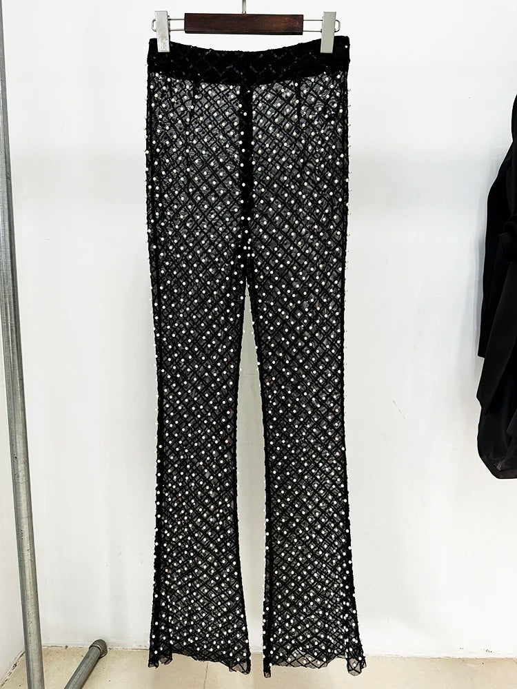 Women’s Floral Pearl Beaded Blazer & Gauze Pants Set – High Street