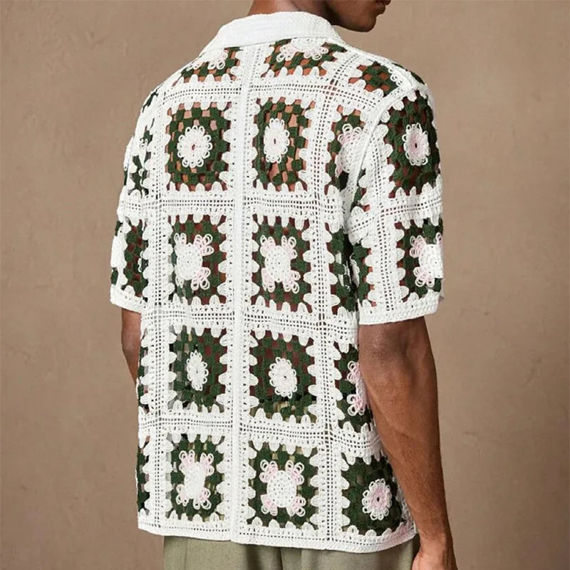 Men Short Sleeve Knit Cardigan Shirt