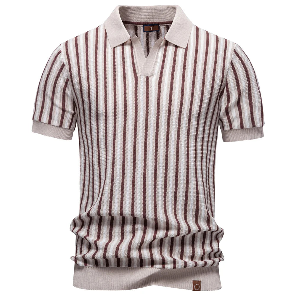 Men Summer Polo Shirt Short Sleeve Stripe Breathable Casual