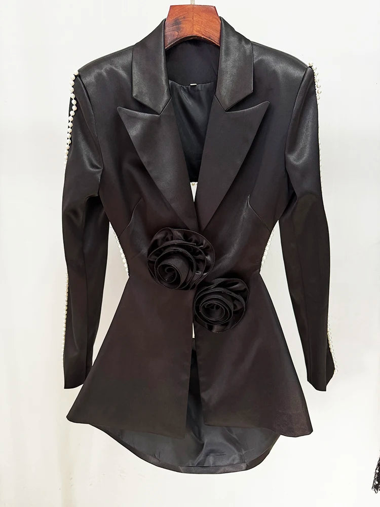 Women’s Floral Pearl Beaded Blazer & Gauze Pants Set – High Street