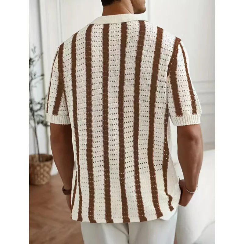 Men Summer Knitted Shirt Short Sleeve Striped
