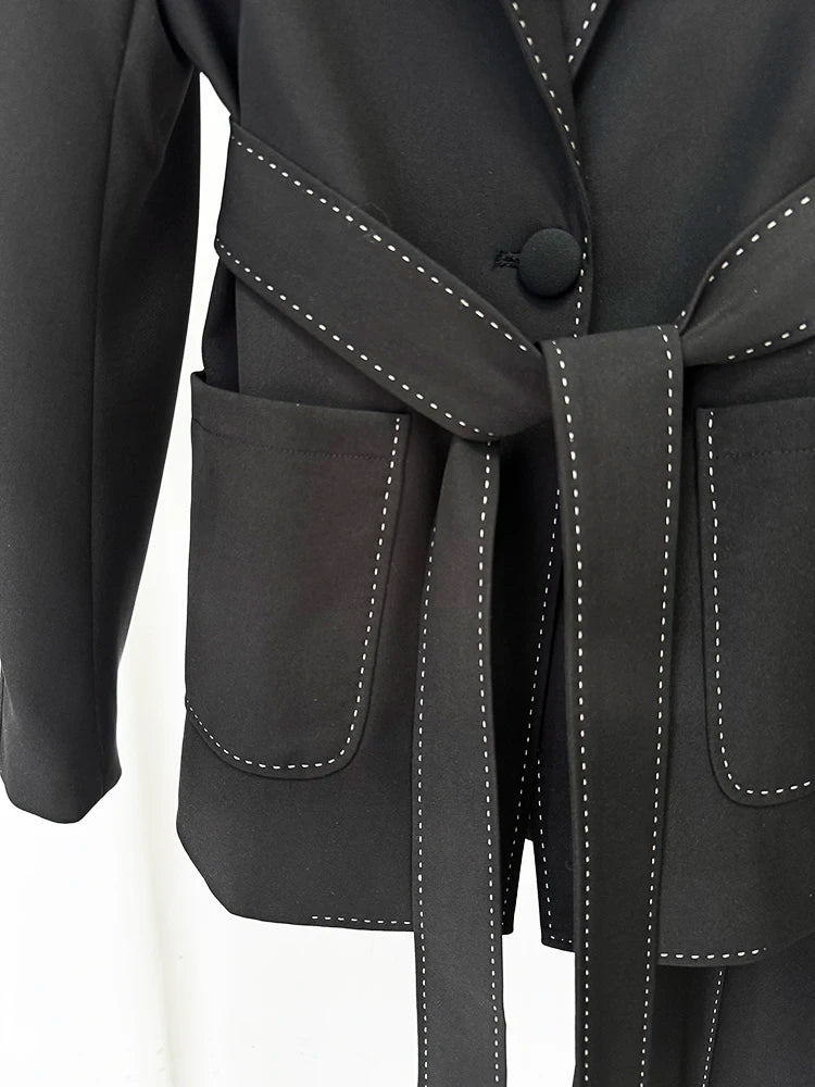 Women’s Contrast Stitch Belted Blazer & Pants Set – Elegant 2PCS Suit Outfit