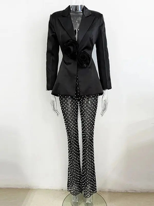 Women’s Floral Pearl Beaded Blazer & Gauze Pants Set – High Street