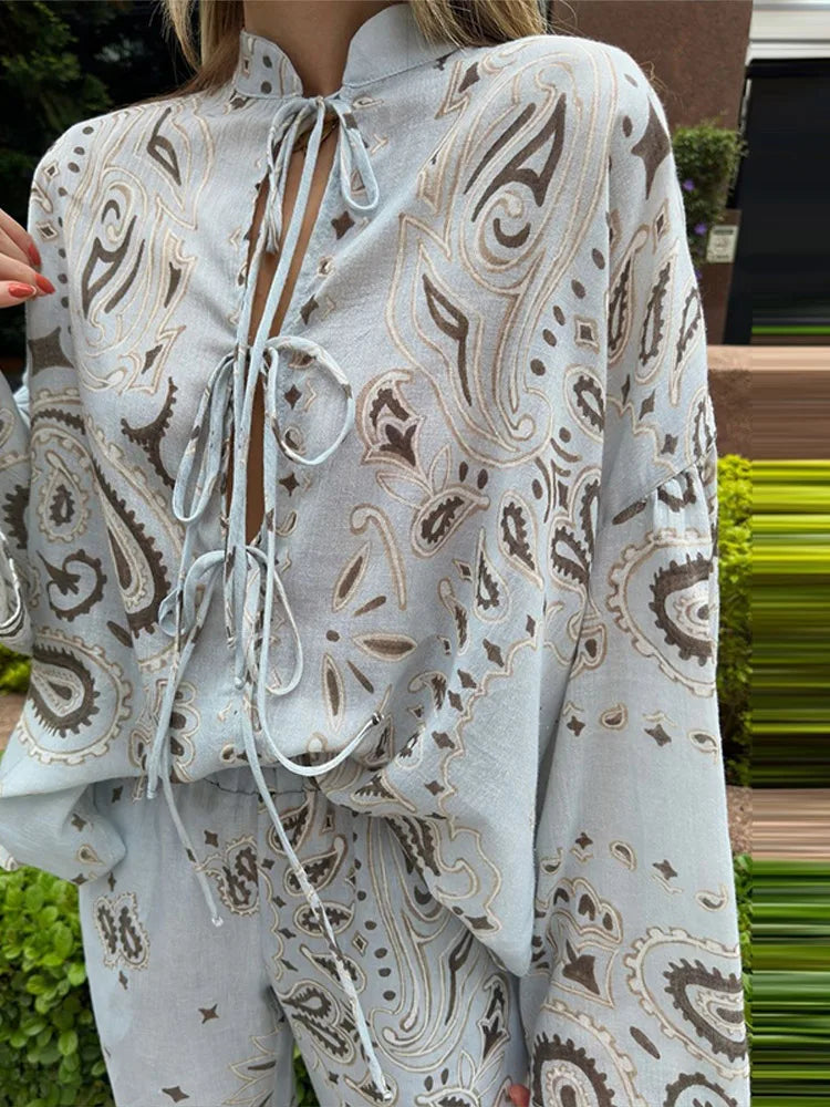 Women’s Paisley Print Blouse & Wide Leg Pants Set – Boho Style