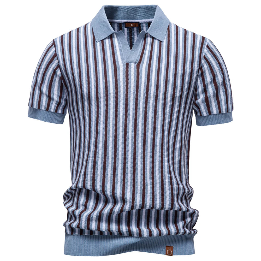 Men Summer Polo Shirt Short Sleeve Stripe Breathable Casual