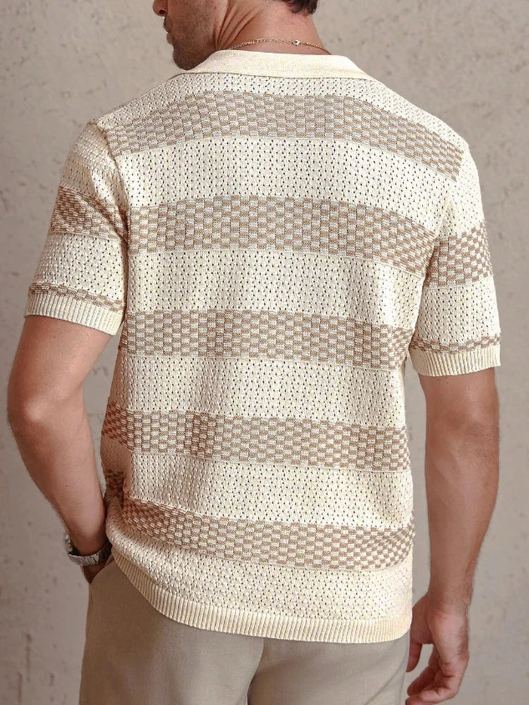 Men Striped Knit Polo Shirt Short Sleeve