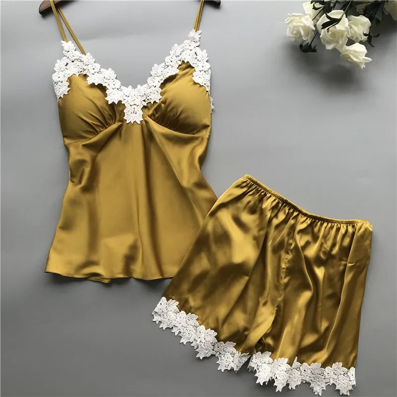 Women Lace Trim Cami Shorts Set Loungewear