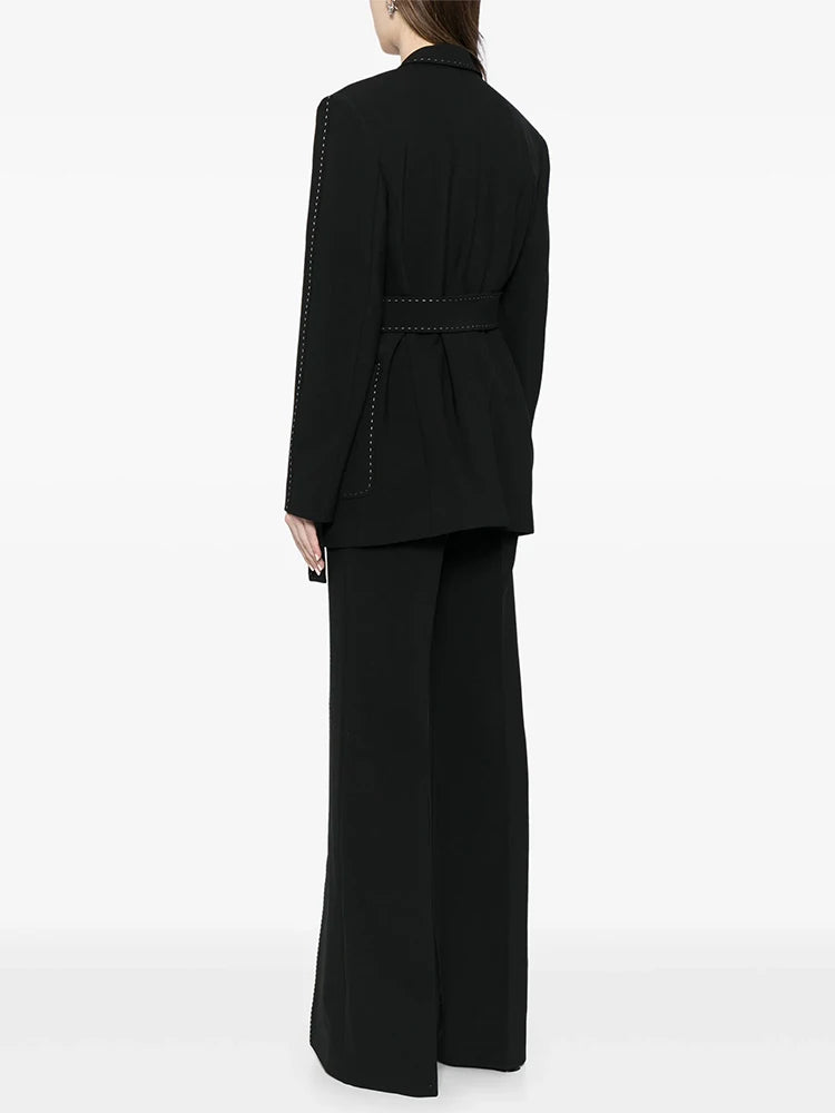 Women’s Contrast Stitch Belted Blazer & Pants Set – Elegant 2PCS Suit Outfit