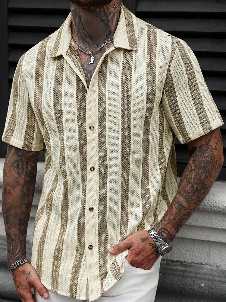 Men Short Sleeve Knit Shirt Button Up