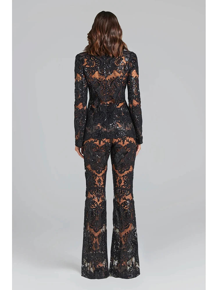 Women’s Guipure Lace Blazer & Flare Pants Set – High Street Designer