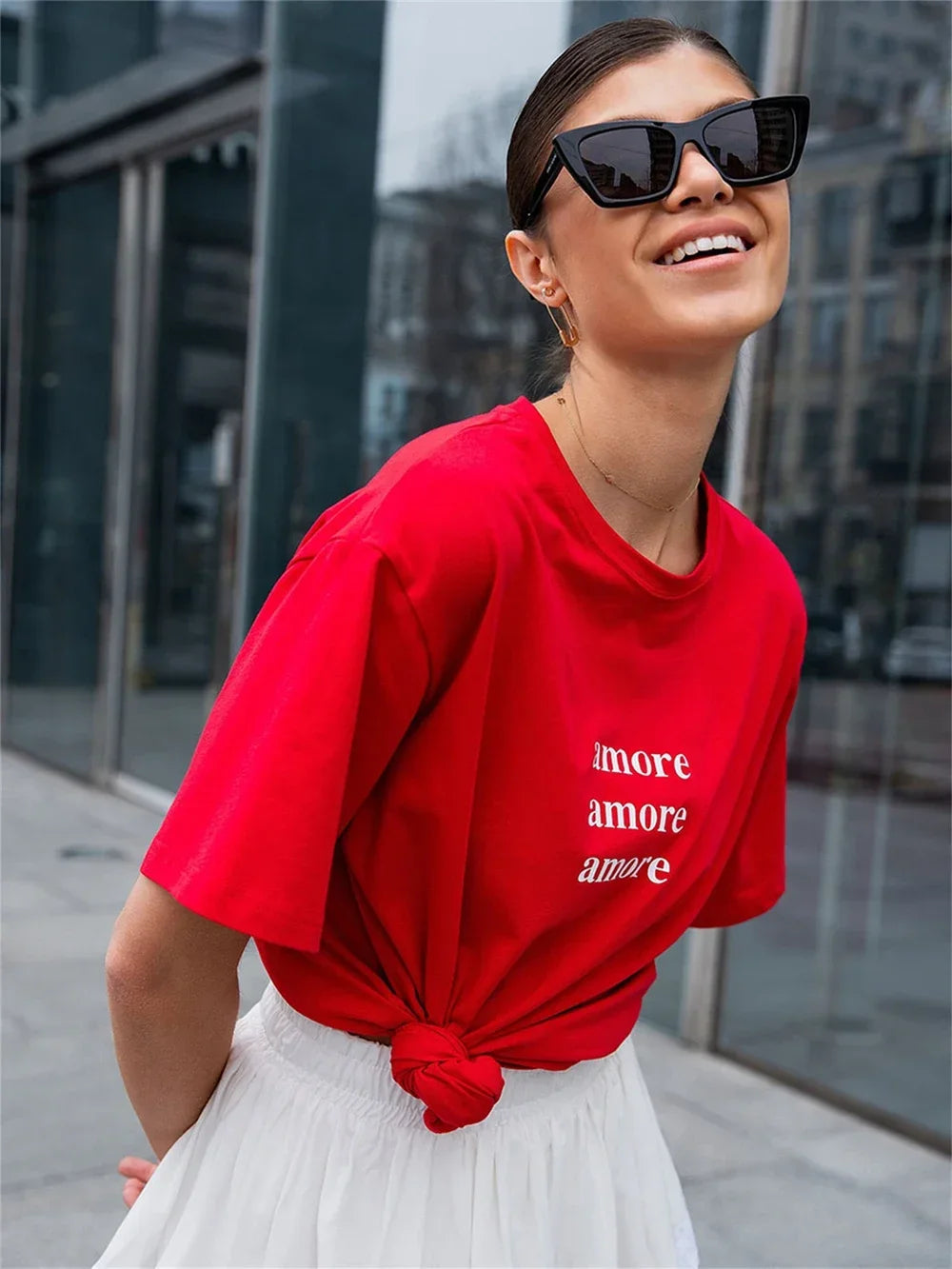 Women’s Amore Print Drop Sleeve T-Shirt – Casual Summer Fashion Tee