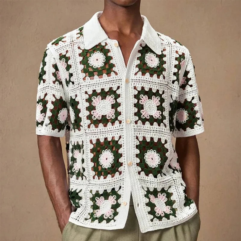 Men Short Sleeve Knit Cardigan Shirt
