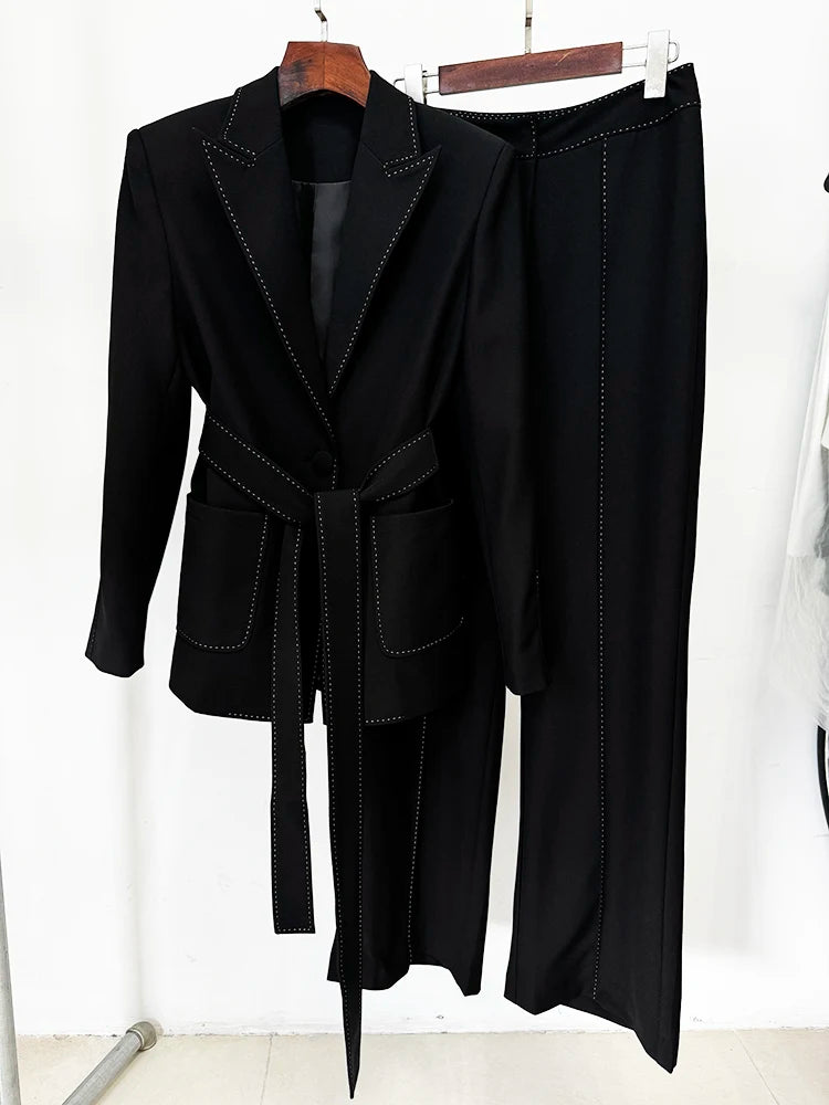 Women’s Contrast Stitch Belted Blazer & Pants Set – Elegant 2PCS Suit Outfit