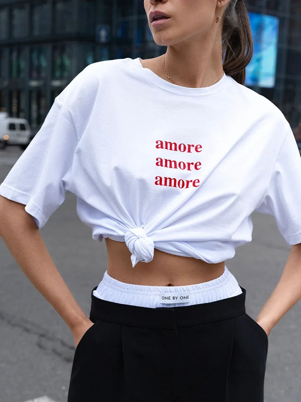 Women’s Amore Print Drop Sleeve T-Shirt – Casual Summer Fashion Tee