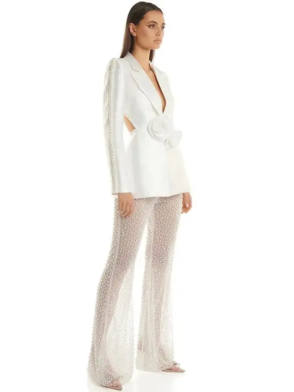 Women’s Floral Pearl Beaded Blazer & Gauze Pants Set – High Street