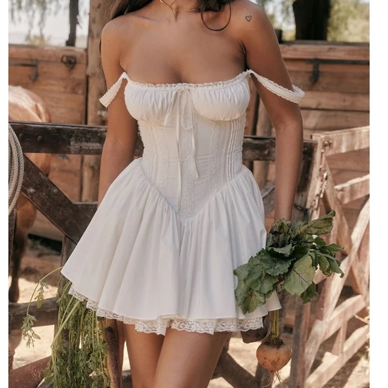 Women’s Elegant White A-Line Slip Dress – Sexy Slash Neck Sleeveless Party Dress