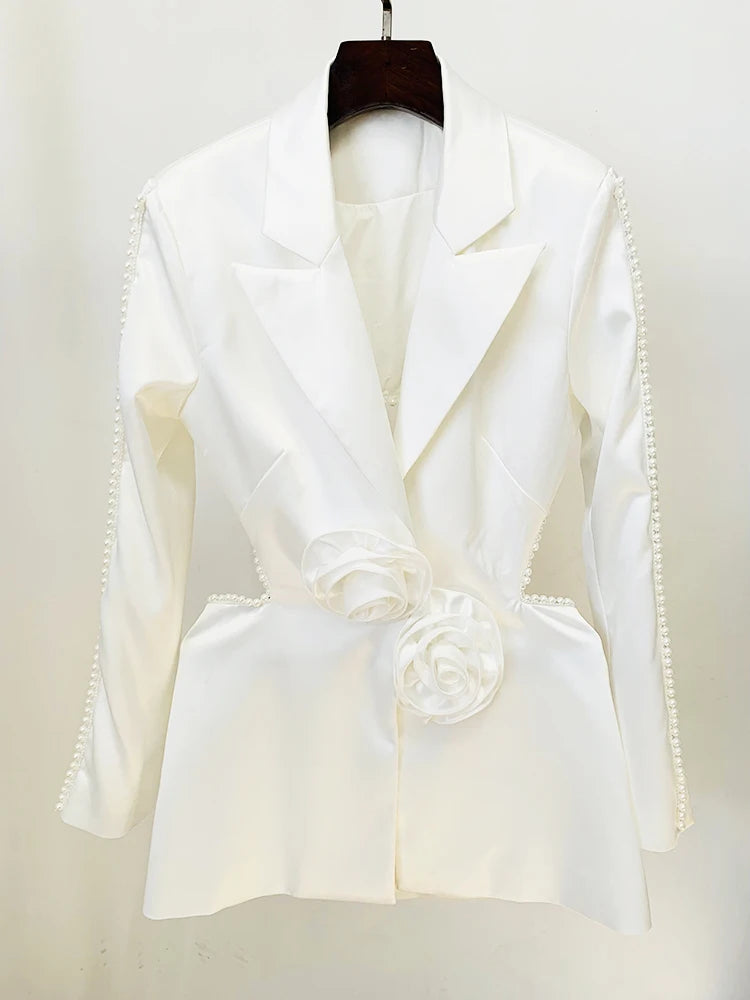 Women’s Floral Pearl Beaded Blazer & Gauze Pants Set – High Street