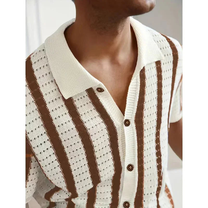 Men Summer Knitted Shirt Short Sleeve Striped