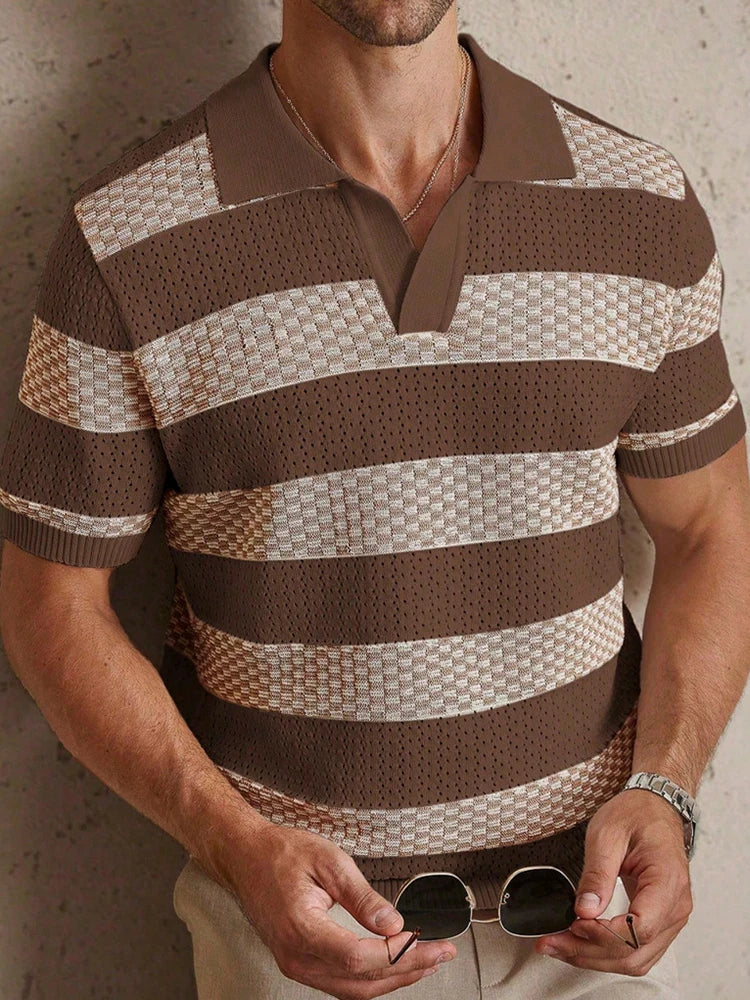 Men Striped Knit Polo Shirt Short Sleeve