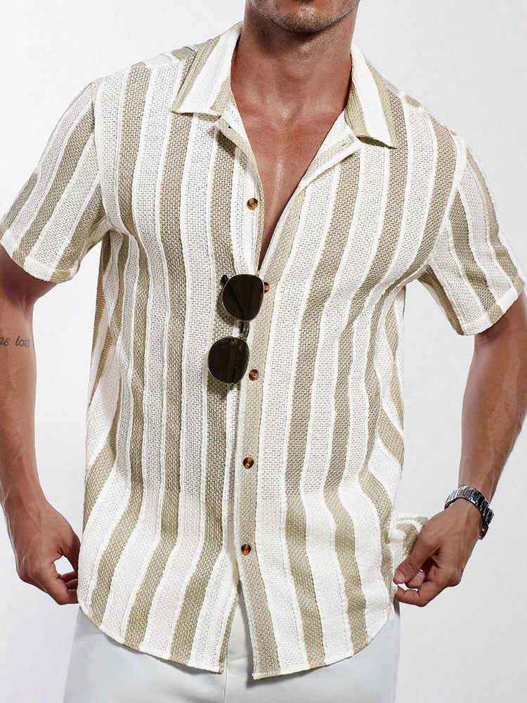 Men Short Sleeve Knit Shirt Button Up