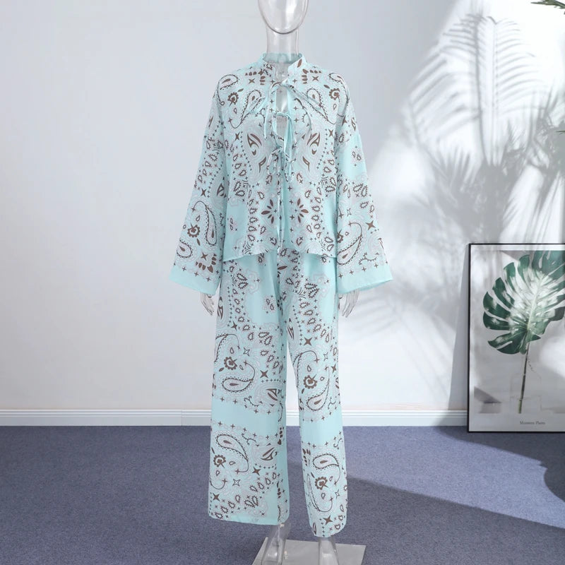 Women’s Paisley Print Blouse & Wide Leg Pants Set – Boho Style