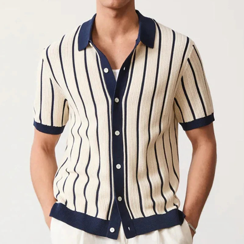 Men’s Summer Striped Knit Polo Shirt Short Sleeve