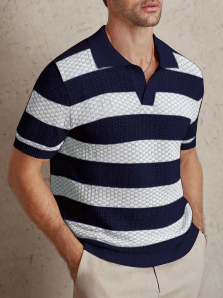 Men Striped Knit Polo Shirt Short Sleeve