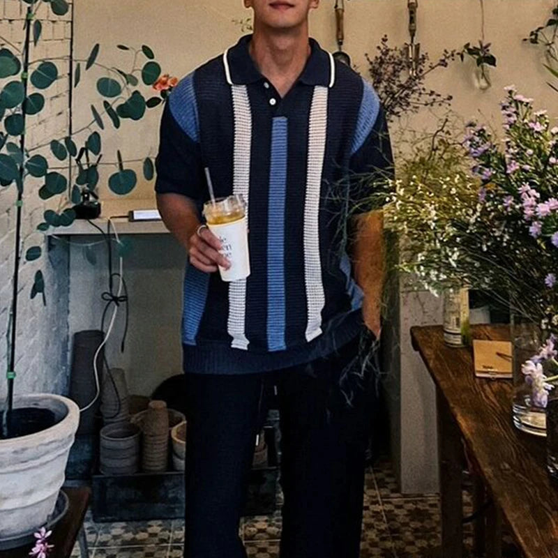 Men Striped Knit Polo Shirt Short Sleeve