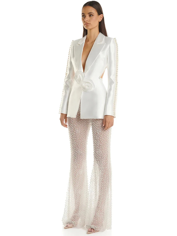 Women’s Floral Pearl Beaded Blazer & Gauze Pants Set – High Street