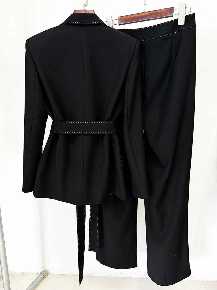 Women’s Contrast Stitch Belted Blazer & Pants Set – Elegant 2PCS Suit Outfit