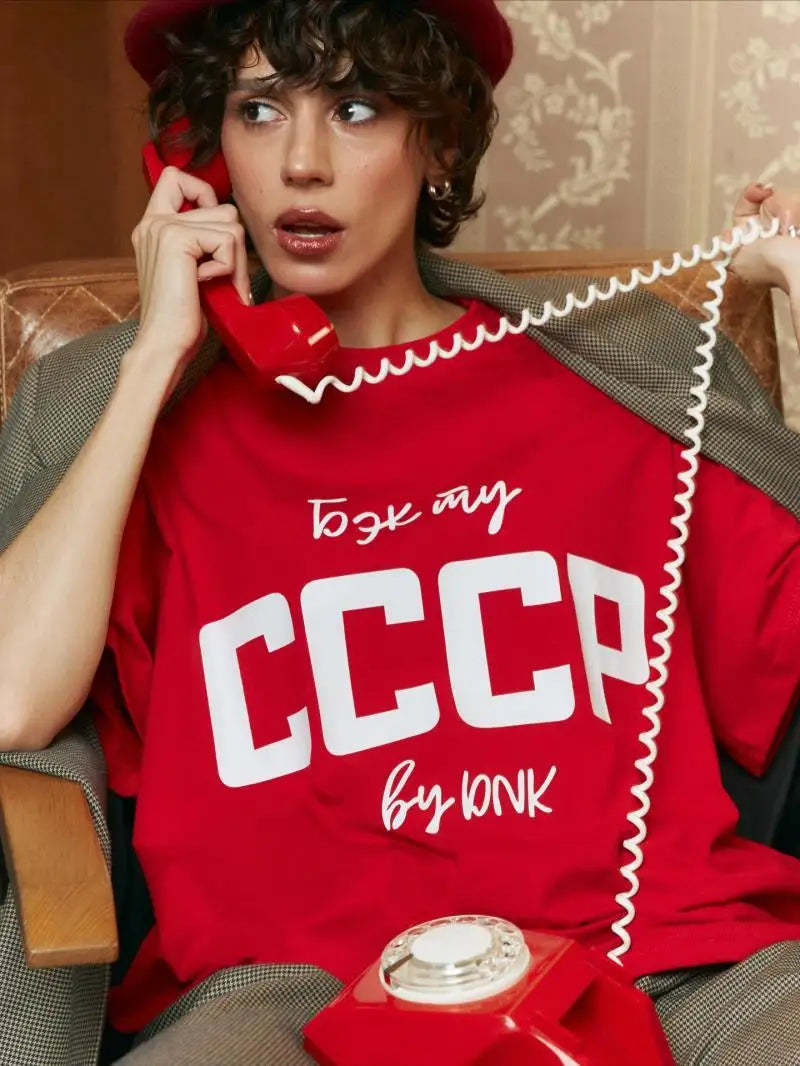 Women’s Letter Print Oversize Cotton T-Shirt – Russian Style Summer Pullover Tee