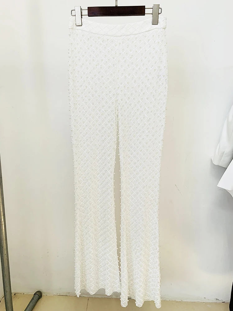 Women’s Floral Pearl Beaded Blazer & Gauze Pants Set – High Street